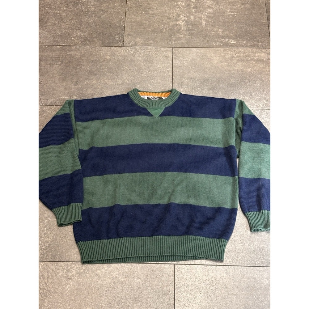 Vtg 90s Y2K Sweater Graphix Blue Green Stripe CrewNeck Knit Sweater Men L Preppy